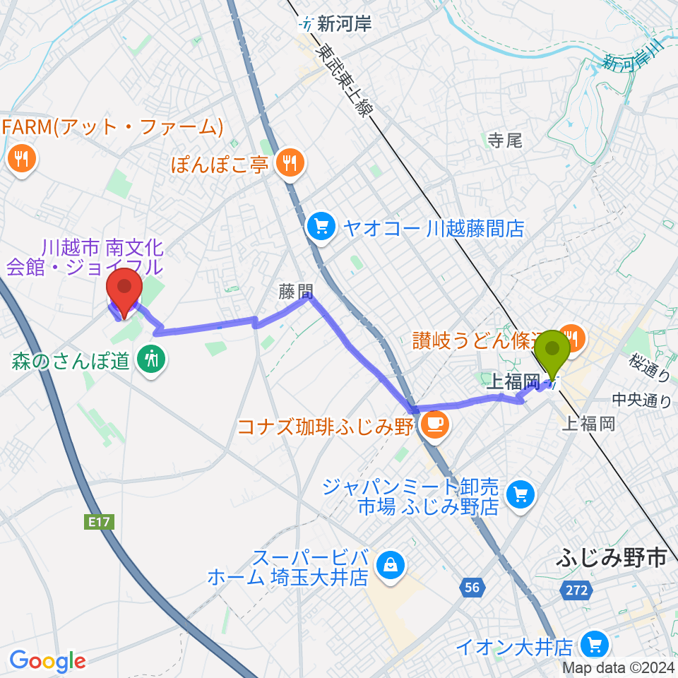 上福岡駅から川越南文化会館（ジョイフル）へのルートマップ地図