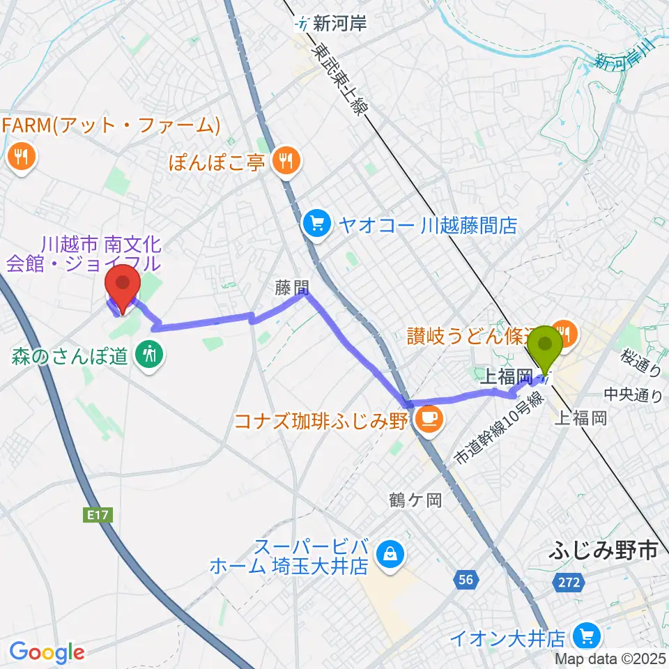 上福岡駅から川越南文化会館 ジョイフルへのルートマップ地図