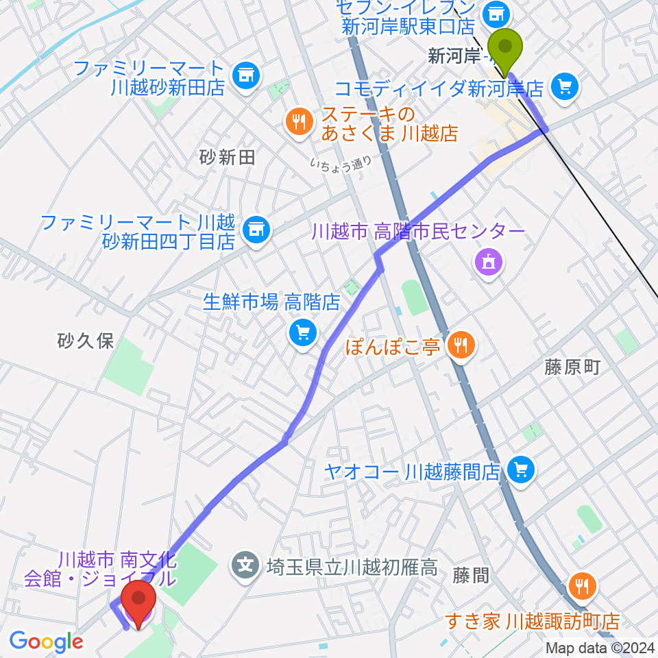 川越南文化会館（ジョイフル）の最寄駅新河岸駅からの徒歩ルート（約31分）地図