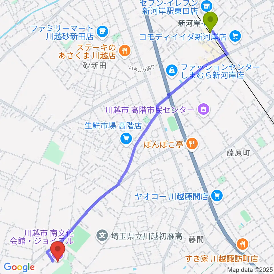 川越南文化会館 ジョイフルの最寄駅新河岸駅からの徒歩ルート（約31分）地図