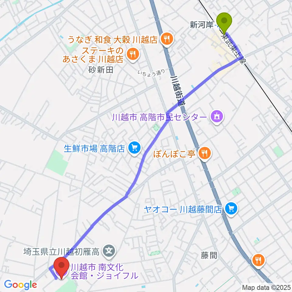 川越南文化会館 ジョイフルの最寄駅新河岸駅からの徒歩ルート（約31分）地図