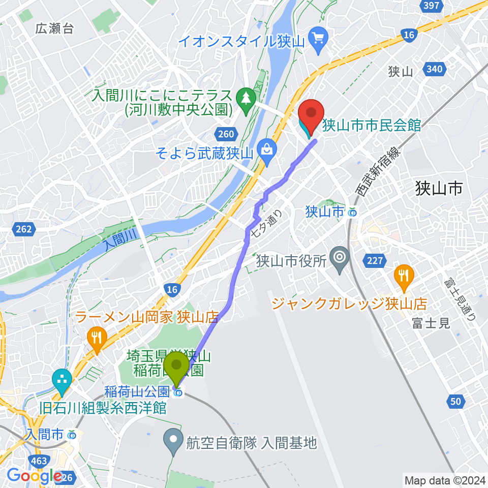 稲荷山公園駅から狭山市市民会館へのルートマップ地図