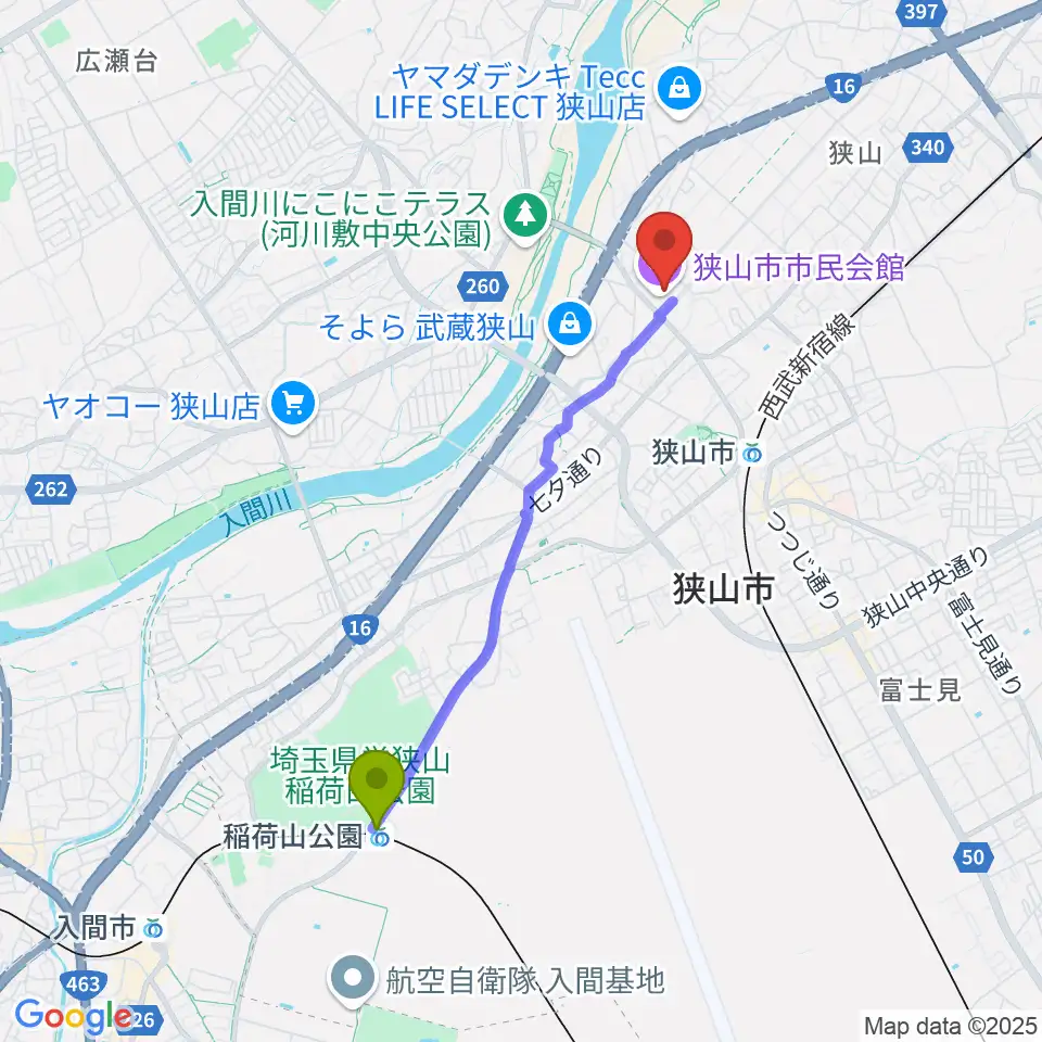 稲荷山公園駅から狭山市市民会館へのルートマップ地図