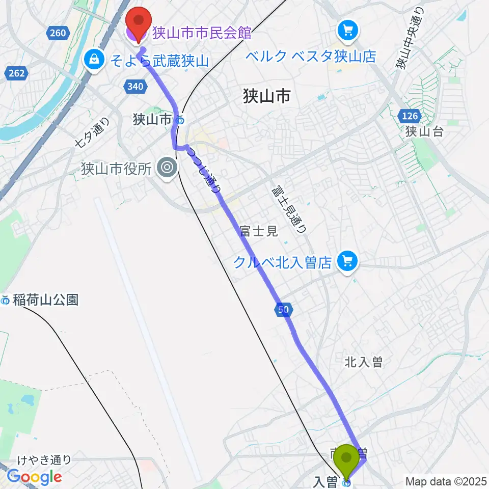入曽駅から狭山市市民会館へのルートマップ地図