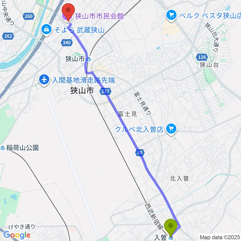 入曽駅から狭山市市民会館へのルートマップ地図