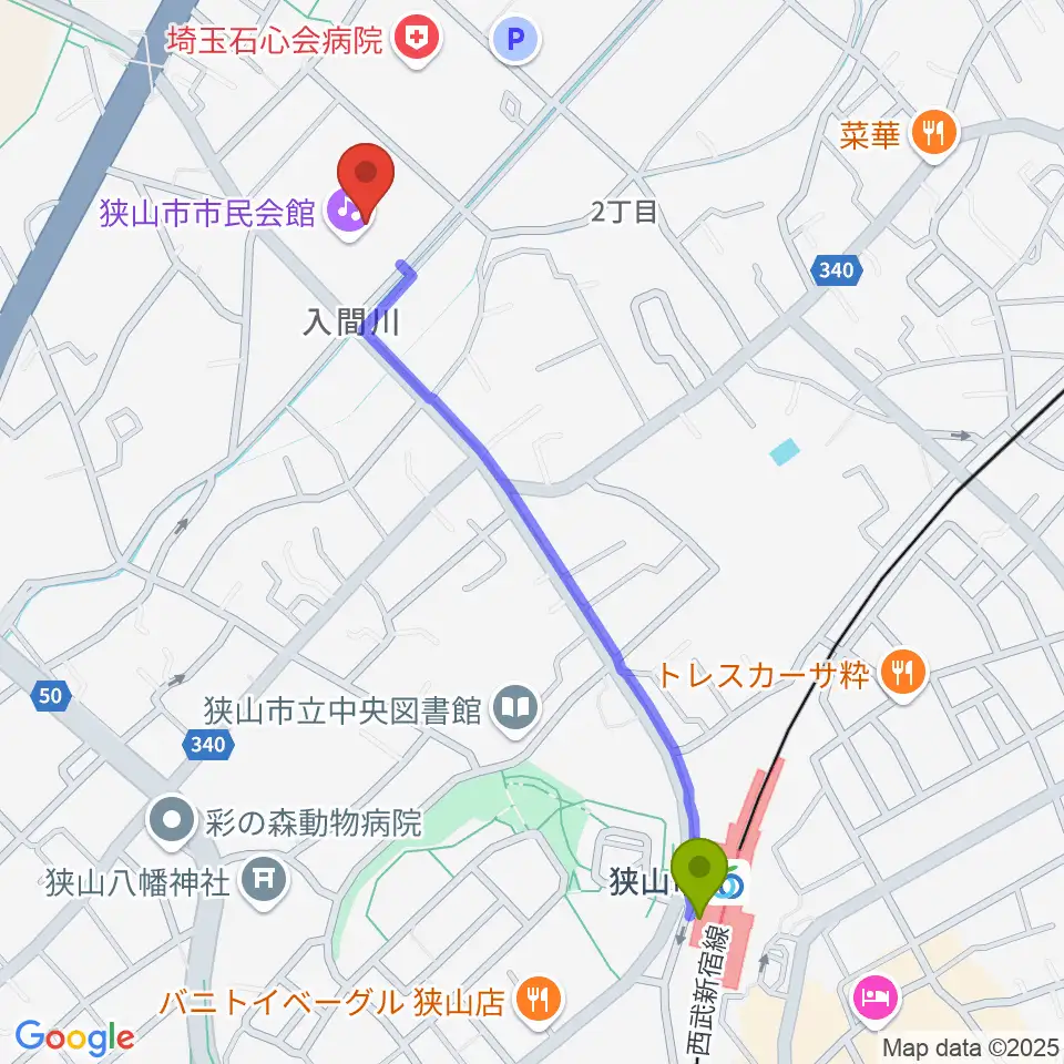 狭山市市民会館の最寄駅狭山市駅からの徒歩ルート（約11分）地図