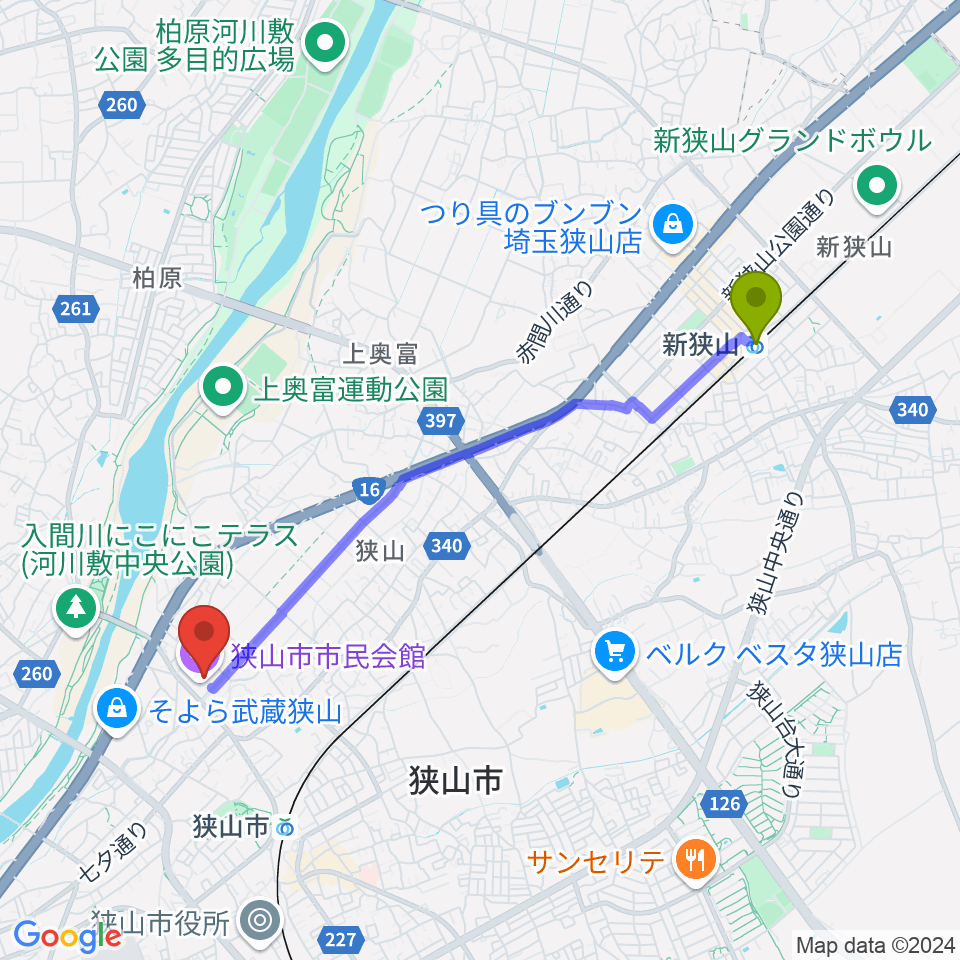 新狭山駅から狭山市市民会館へのルートマップ地図