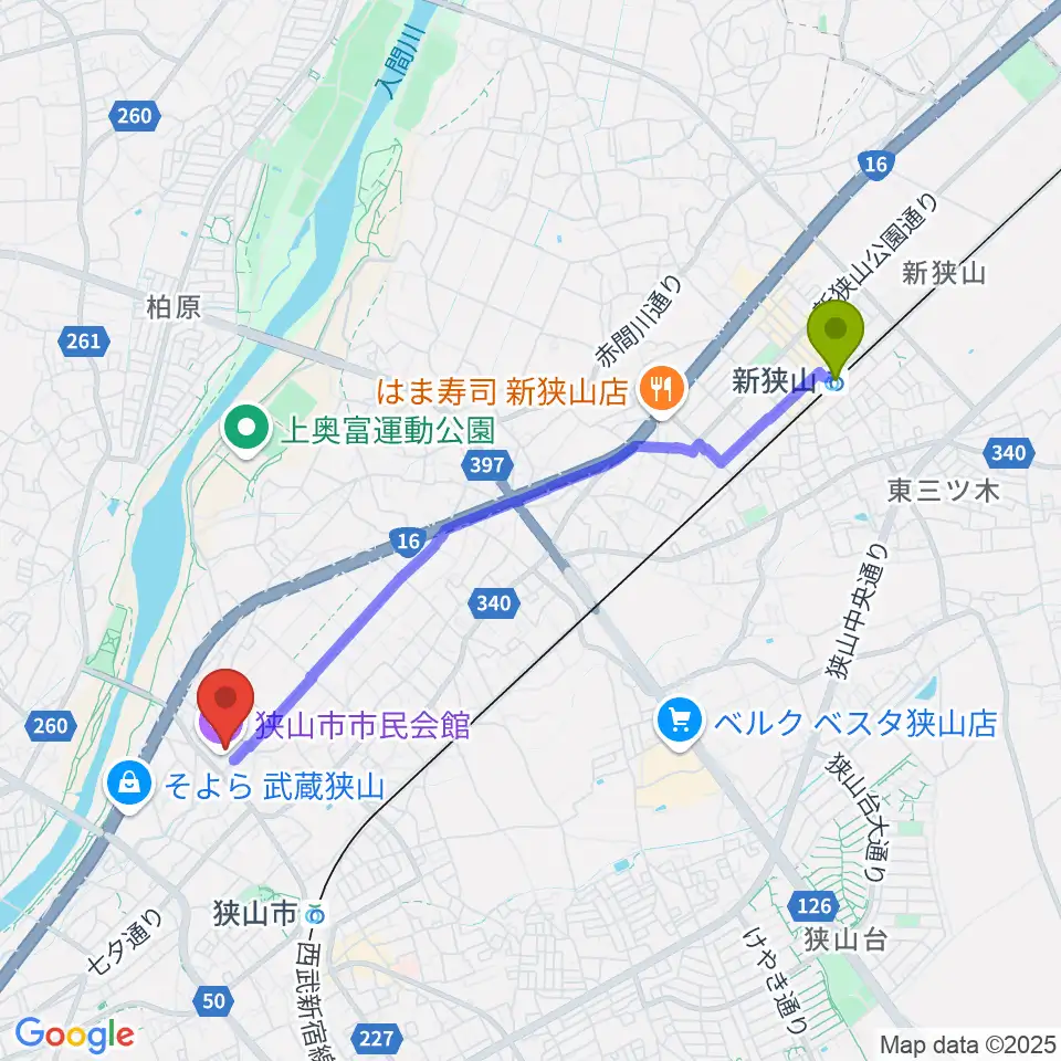 新狭山駅から狭山市市民会館へのルートマップ地図