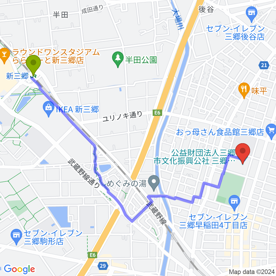 新三郷駅から三郷市文化会館へのルートマップ地図
