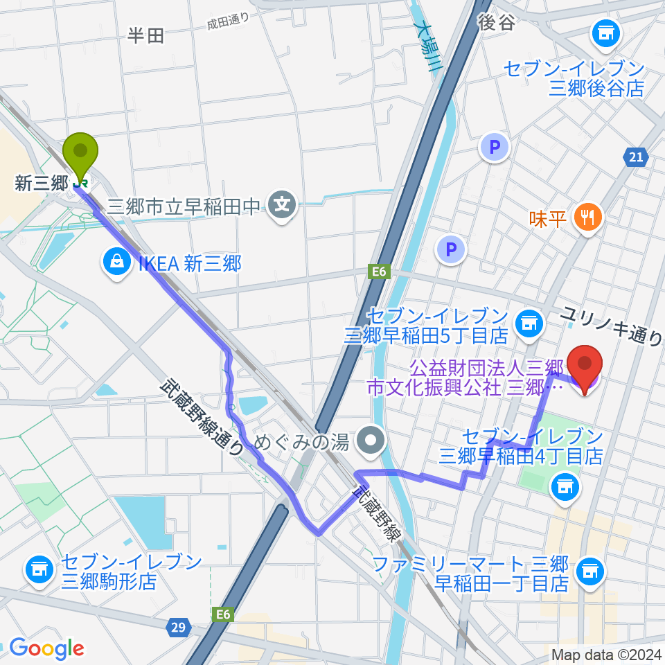 新三郷駅から三郷市文化会館へのルートマップ地図