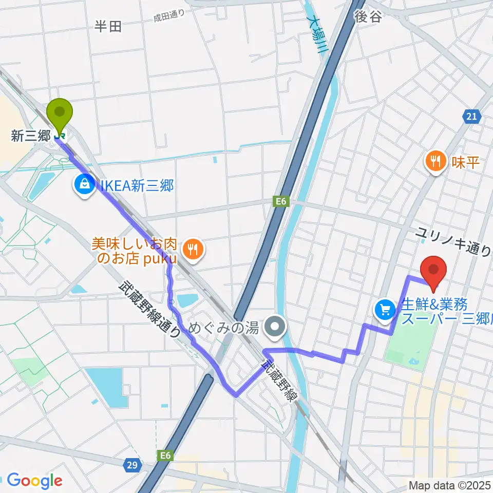 新三郷駅から三郷市文化会館へのルートマップ地図
