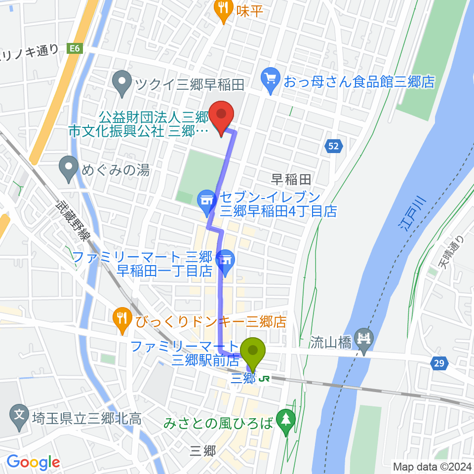 三郷市文化会館の最寄駅三郷駅からの徒歩ルート（約16分）地図