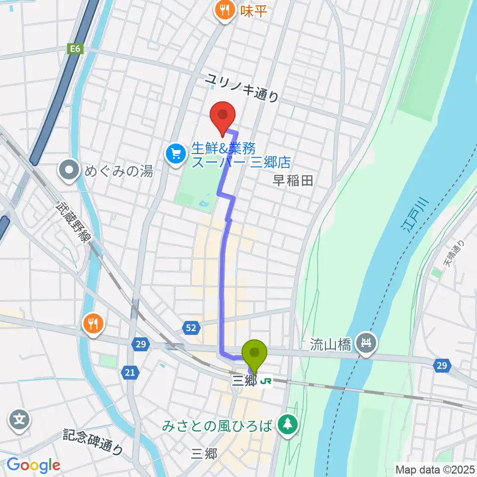 三郷市文化会館の最寄駅三郷駅からの徒歩ルート（約16分）地図