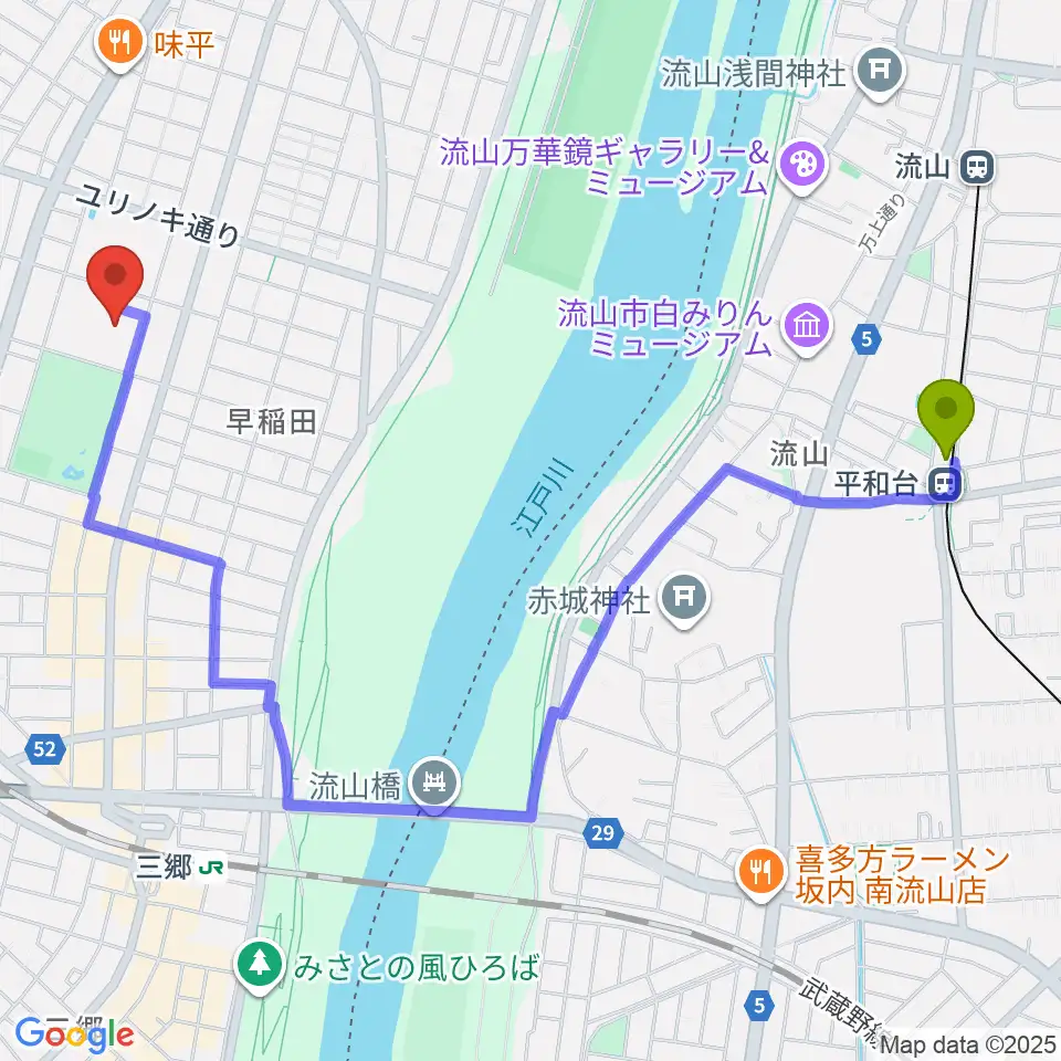 平和台駅から三郷市文化会館へのルートマップ地図