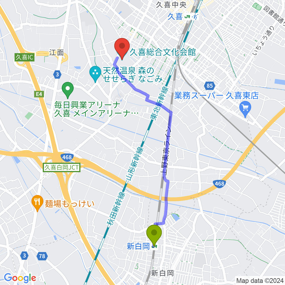 新白岡駅から久喜総合文化会館へのルートマップ地図
