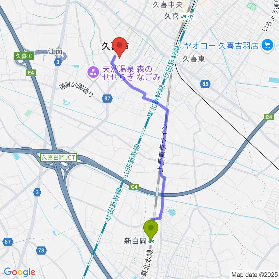 新白岡駅から久喜総合文化会館へのルートマップ地図