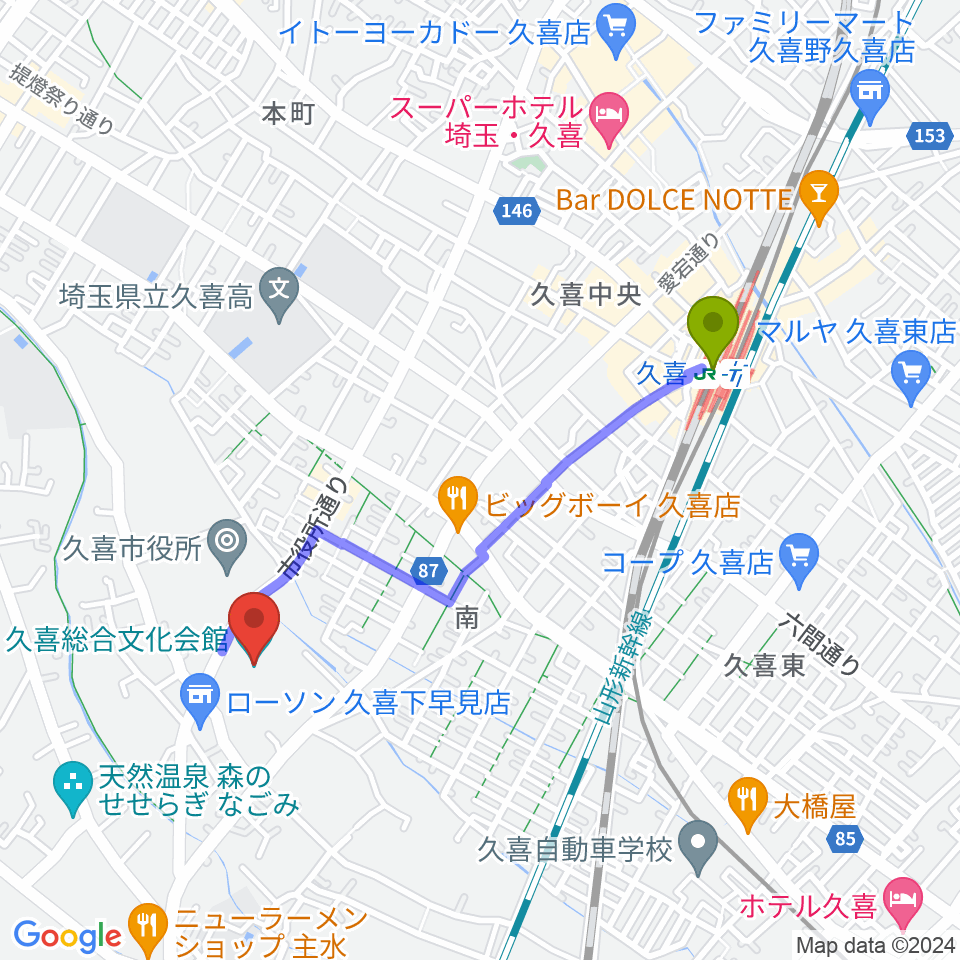 久喜総合文化会館の最寄駅久喜駅からの徒歩ルート（約18分）地図