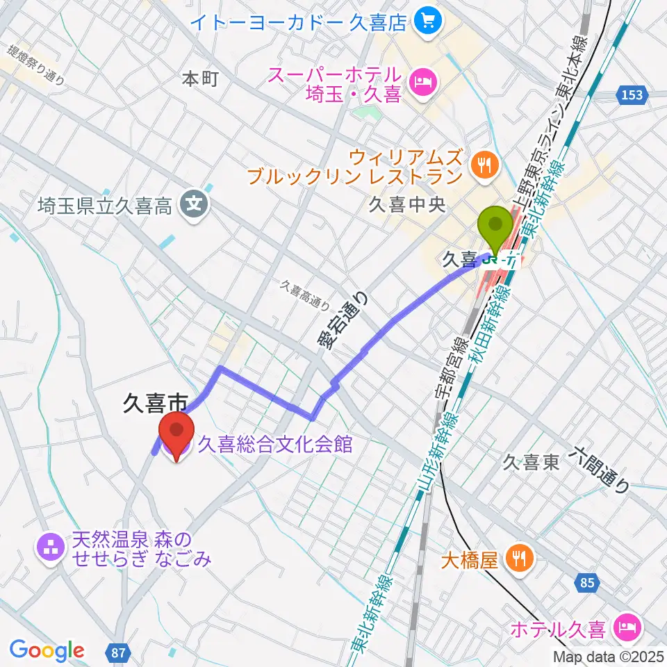 久喜総合文化会館の最寄駅久喜駅からの徒歩ルート（約18分）地図