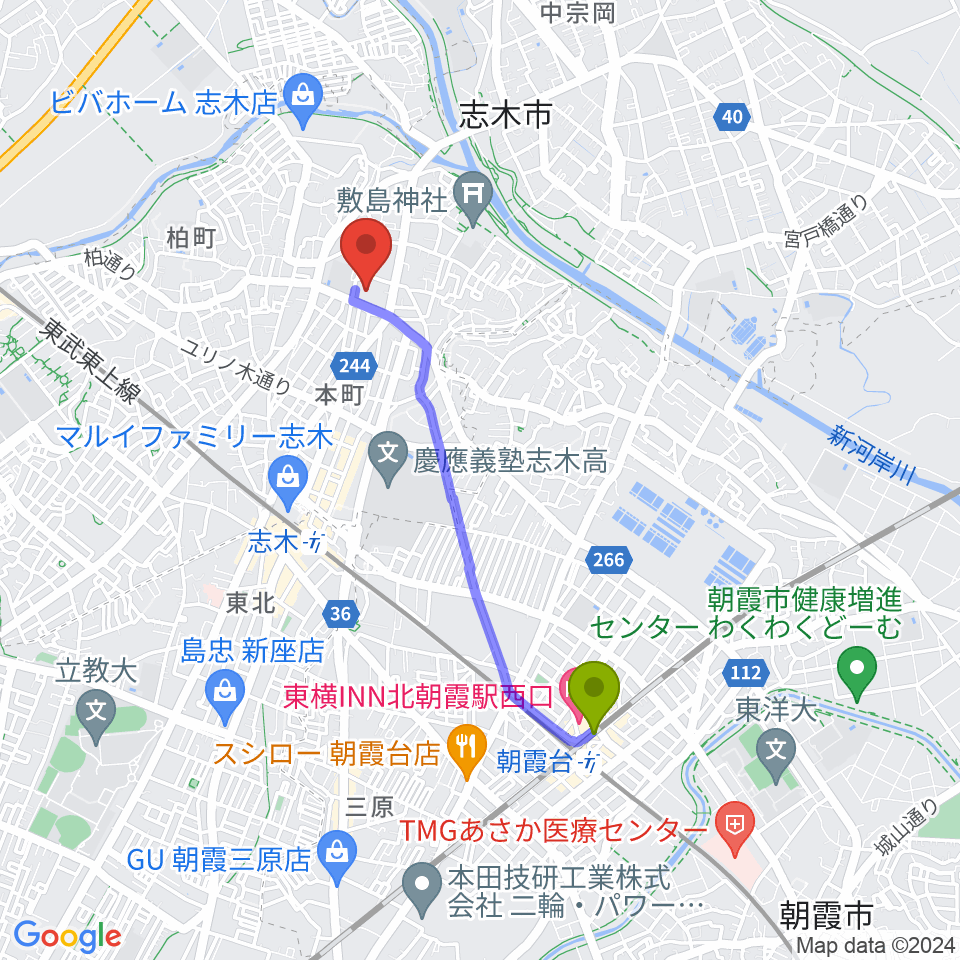 北朝霞駅から志木市民会館パルシティへのルートマップ地図