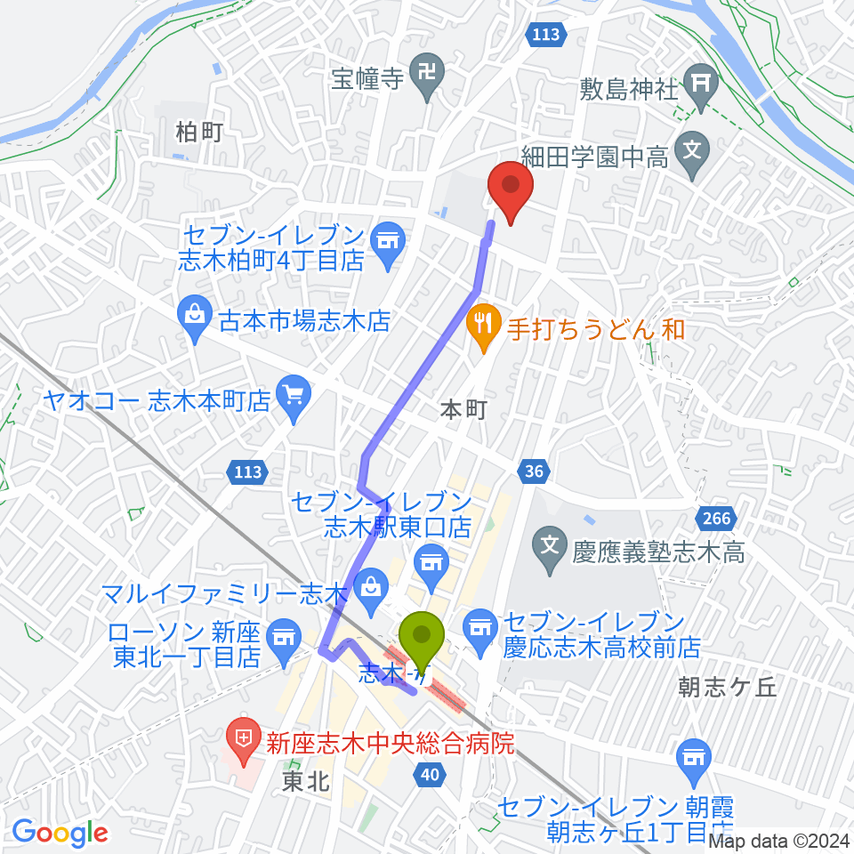 志木市民会館パルシティの最寄駅志木駅からの徒歩ルート（約17分）地図