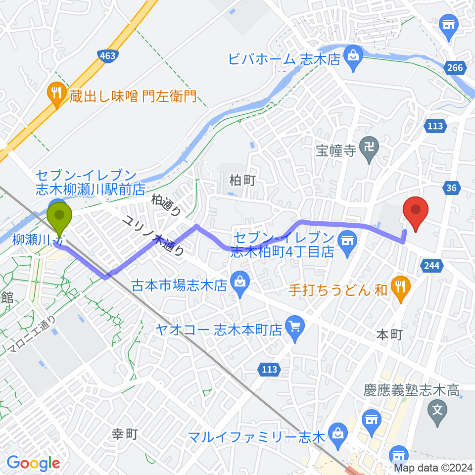柳瀬川駅から志木市民会館パルシティへのルートマップ地図