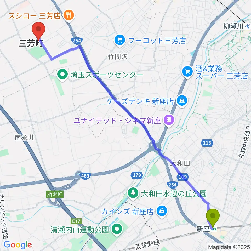新座駅からコピスみよし 三芳町文化会館へのルートマップ地図