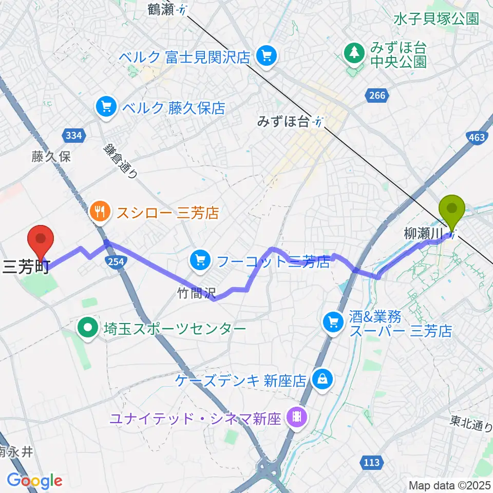 柳瀬川駅からコピスみよし 三芳町文化会館へのルートマップ地図