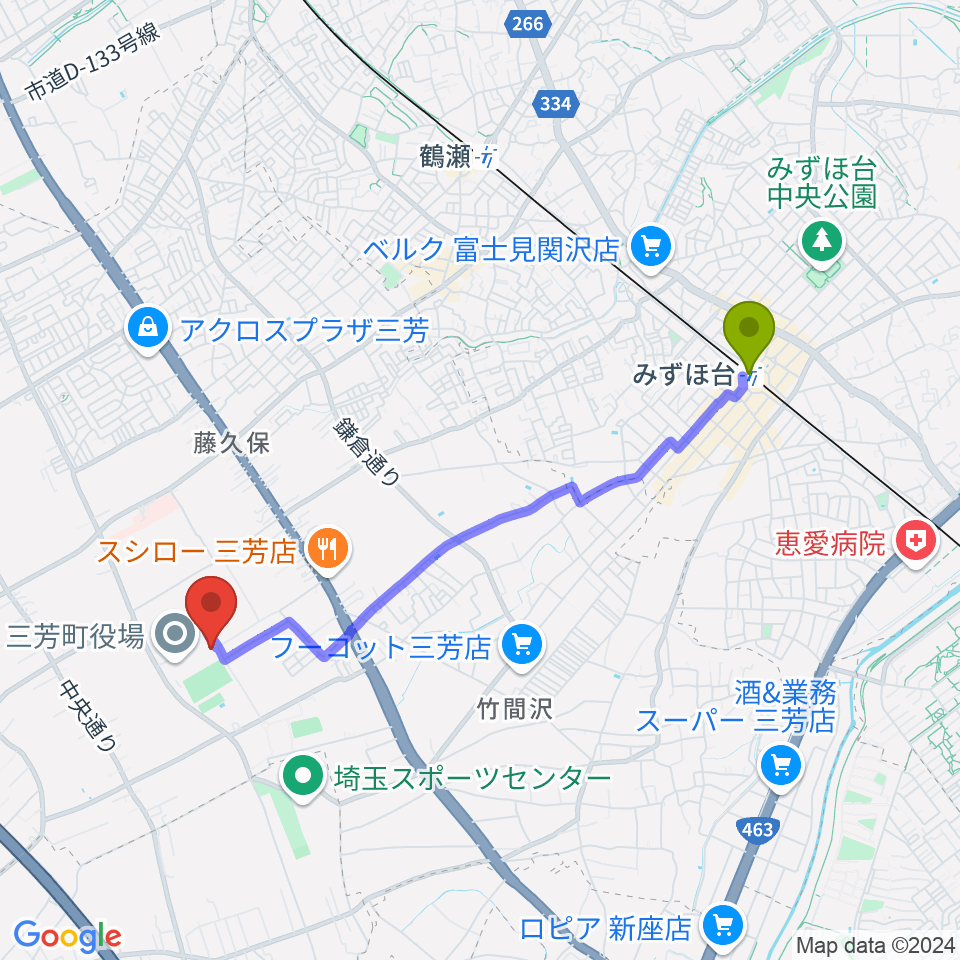 みずほ台駅からコピスみよし 三芳町文化会館へのルートマップ地図