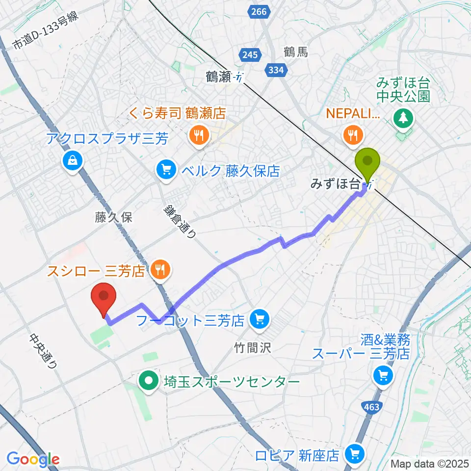 みずほ台駅からコピスみよし 三芳町文化会館へのルートマップ地図