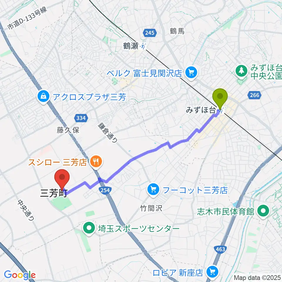 みずほ台駅からコピスみよし 三芳町文化会館へのルートマップ地図
