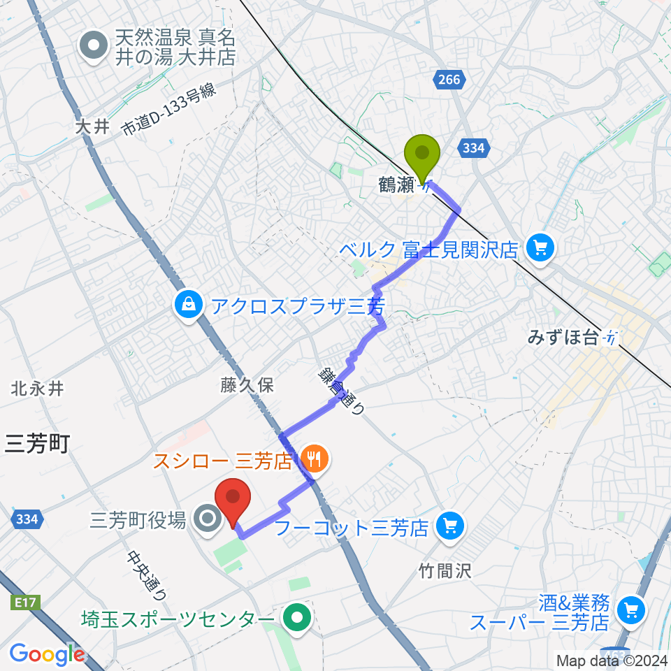 コピスみよし 三芳町文化会館の最寄駅鶴瀬駅からの徒歩ルート（約36分）地図