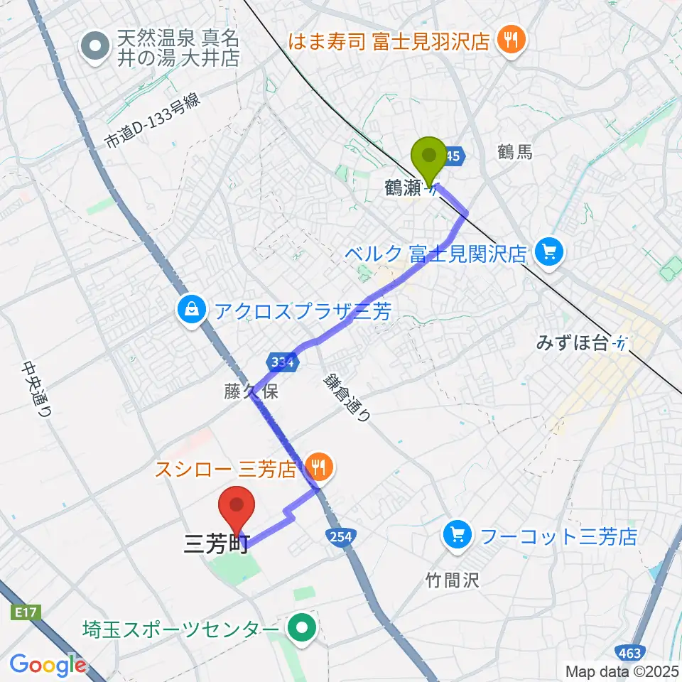 コピスみよし 三芳町文化会館の最寄駅鶴瀬駅からの徒歩ルート（約36分）地図