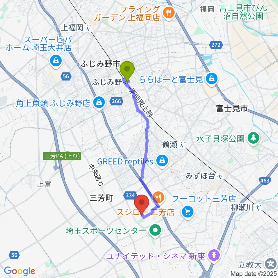 ふじみ野駅からコピスみよし 三芳町文化会館へのルートマップ地図