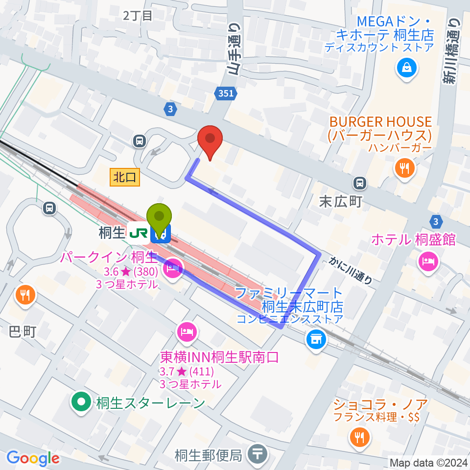 桐生VAROCKの最寄駅桐生駅からの徒歩ルート（約2分）地図