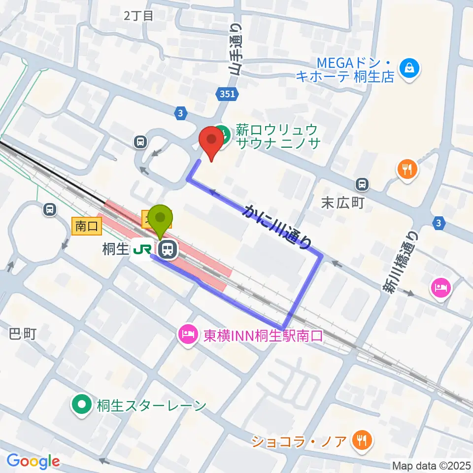 桐生VAROCKの最寄駅桐生駅からの徒歩ルート（約2分）地図