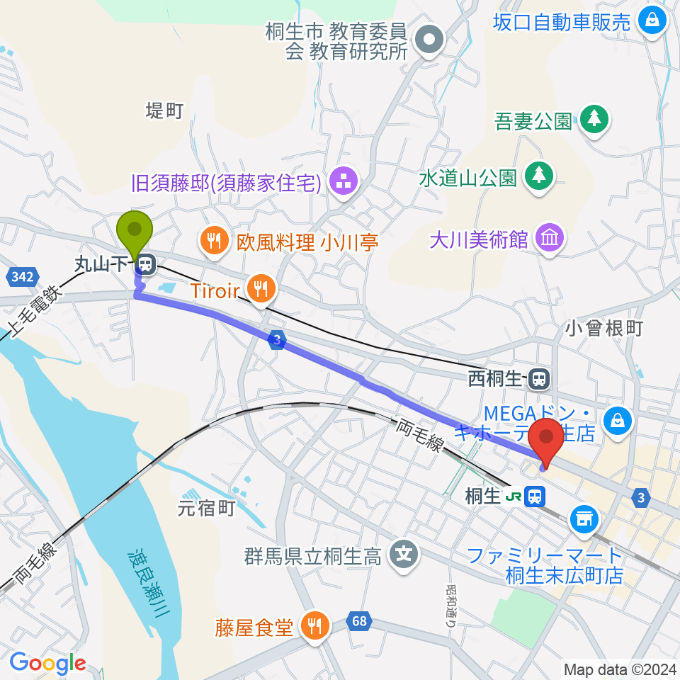 丸山下駅から桐生VAROCKへのルートマップ地図