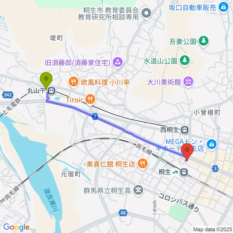 丸山下駅から桐生VAROCKへのルートマップ地図