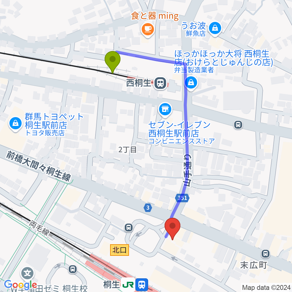 西桐生駅から桐生VAROCKへのルートマップ地図