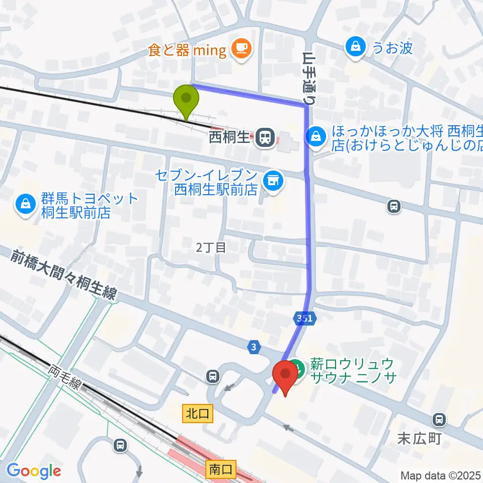 西桐生駅から桐生VAROCKへのルートマップ地図