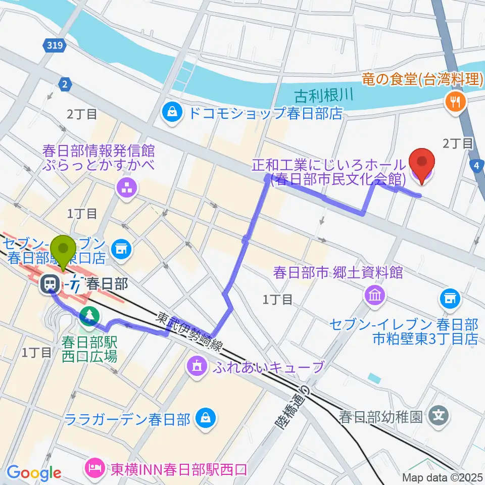 正和工業にじいろホールの最寄駅春日部駅からの徒歩ルート（約12分）地図