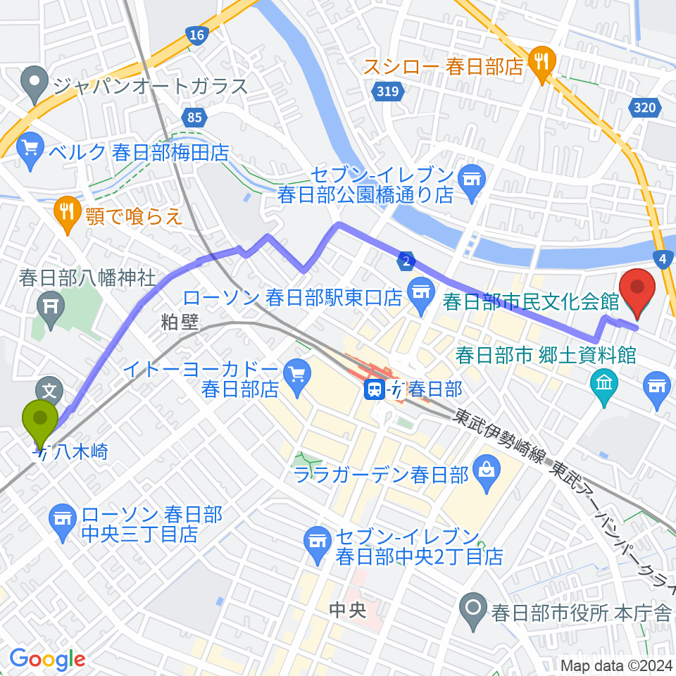 八木崎駅から春日部市民文化会館へのルートマップ地図