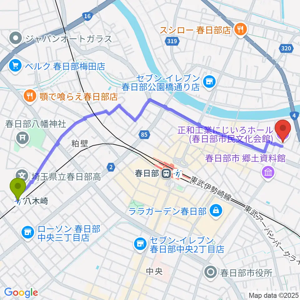 八木崎駅から正和工業にじいろホールへのルートマップ地図