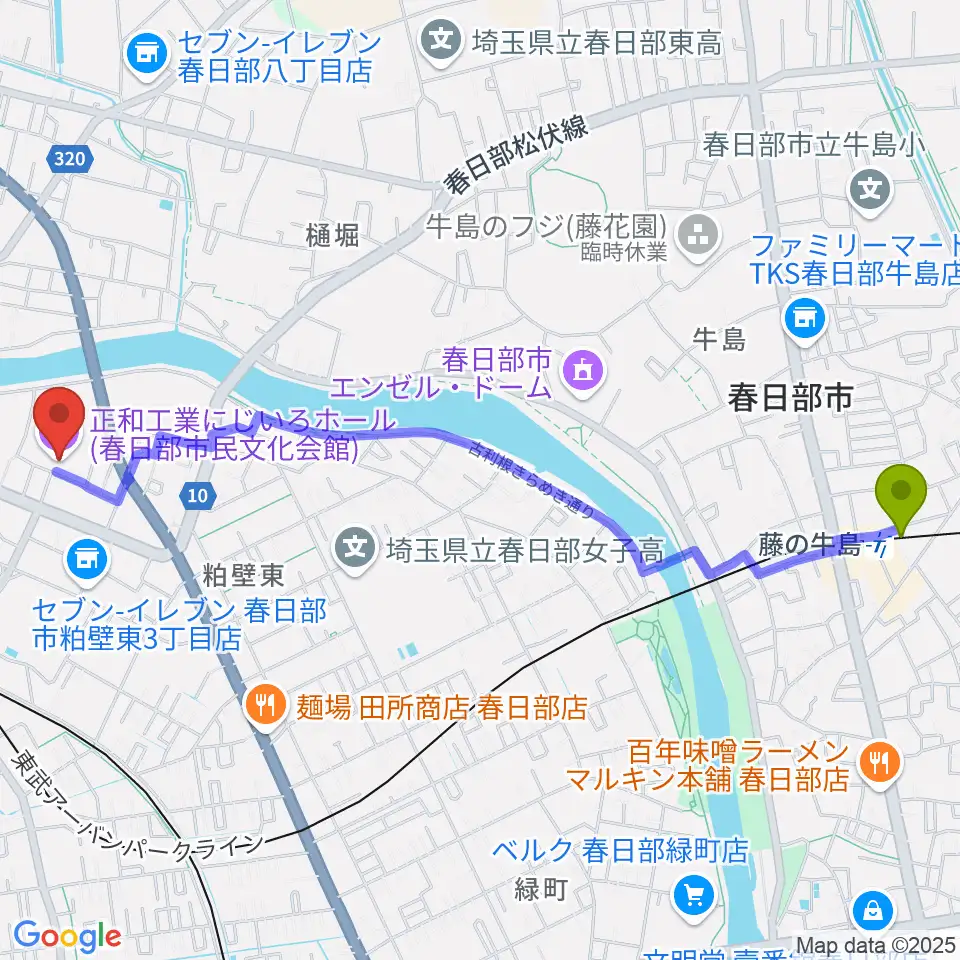 藤の牛島駅から正和工業にじいろホールへのルートマップ地図