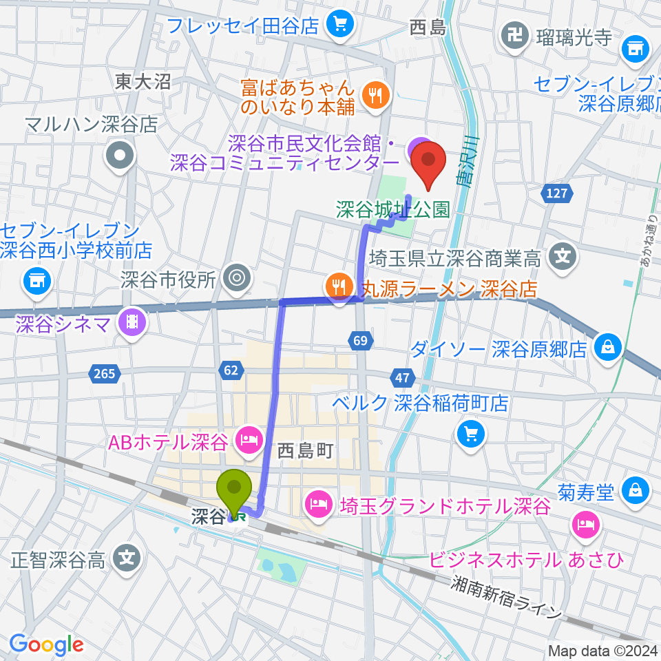 深谷市民文化会館の最寄駅深谷駅からの徒歩ルート（約18分）地図