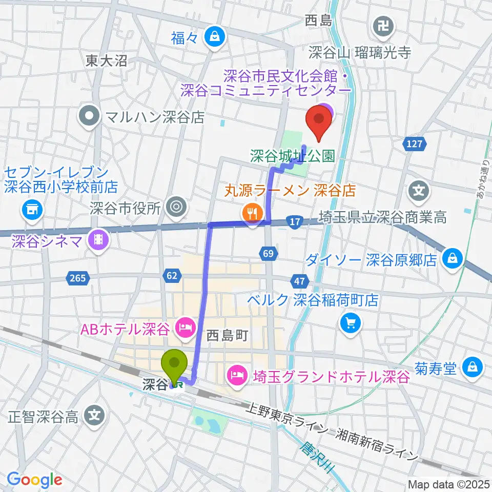 深谷市民文化会館の最寄駅深谷駅からの徒歩ルート（約18分）地図