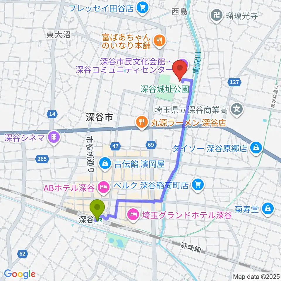 深谷市民文化会館の最寄駅深谷駅からの徒歩ルート（約18分）地図