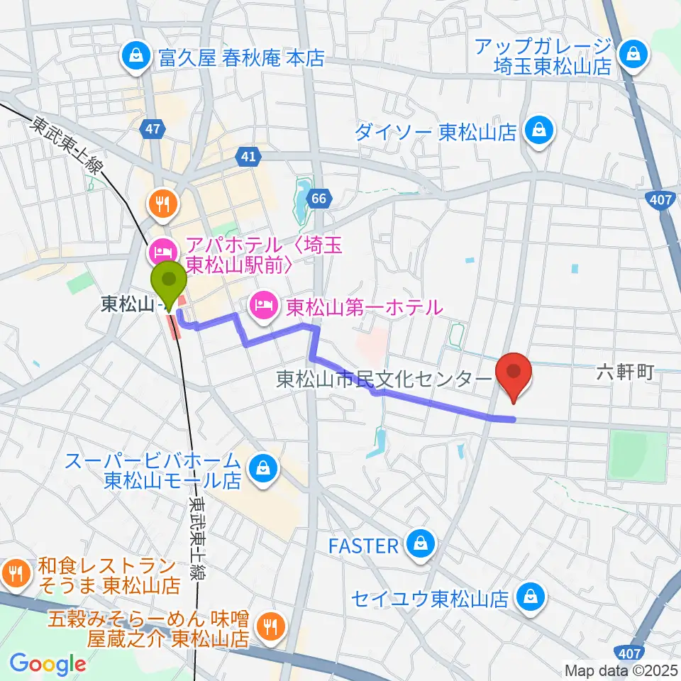 東松山市民文化センターの最寄駅東松山駅からの徒歩ルート（約16分）地図