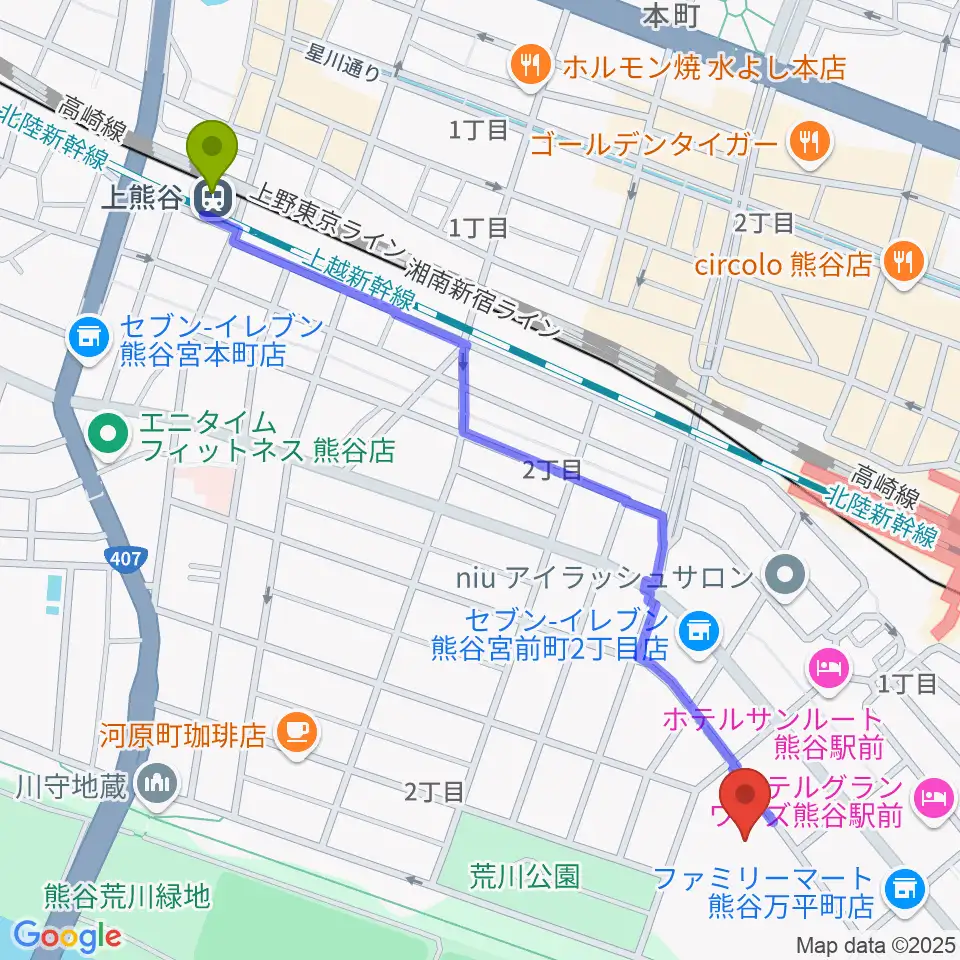 上熊谷駅から熊谷市立文化センター文化会館へのルートマップ地図