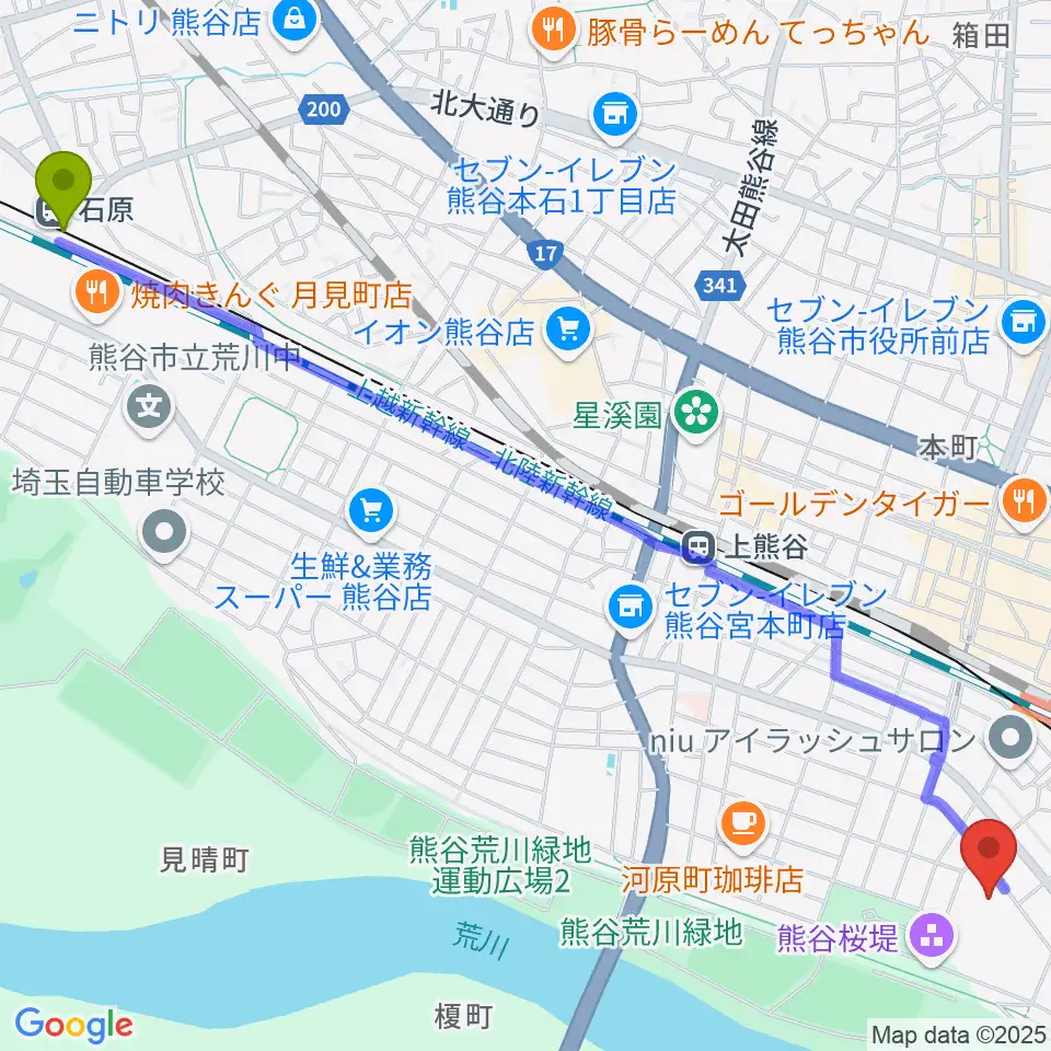 石原駅から熊谷市立文化センター文化会館へのルートマップ地図