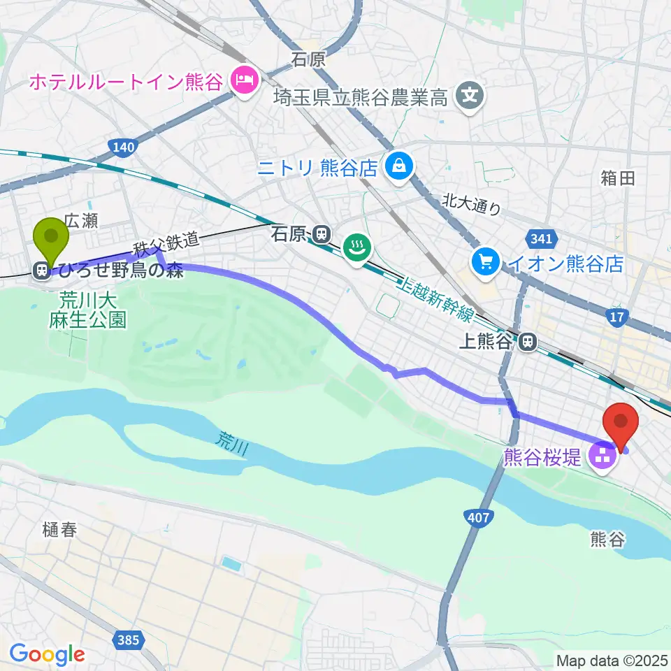 ひろせ野鳥の森駅から熊谷市立文化センター文化会館へのルートマップ地図